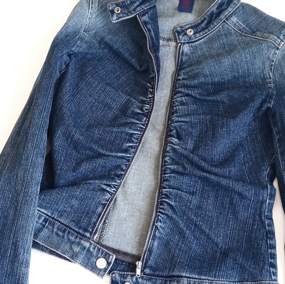 BCBGMAXAZRIA Ombre Denim Long Sleeve Zip Up Fitted Blue Jean Jacket Blazer XS - Picture 10 of 16